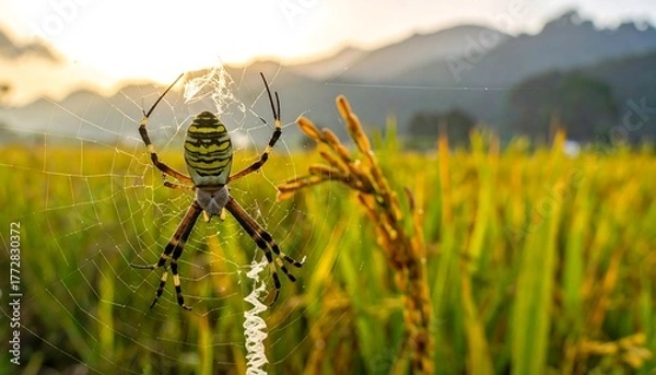 Fototapeta A yellow and black striped spider sits in its web, illuminated by golden sunlight over a field, mountain landscape blurred in background
