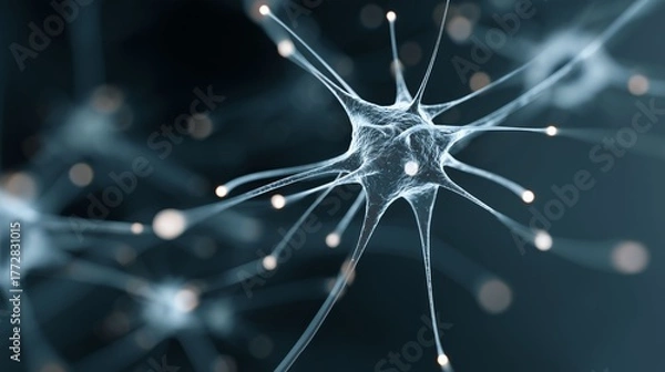 Fototapeta Neuron in Focus: Intricate view of a neuron, its tendrils and luminous structure illuminated within a scientific context, conveying the complex beauty of biology.