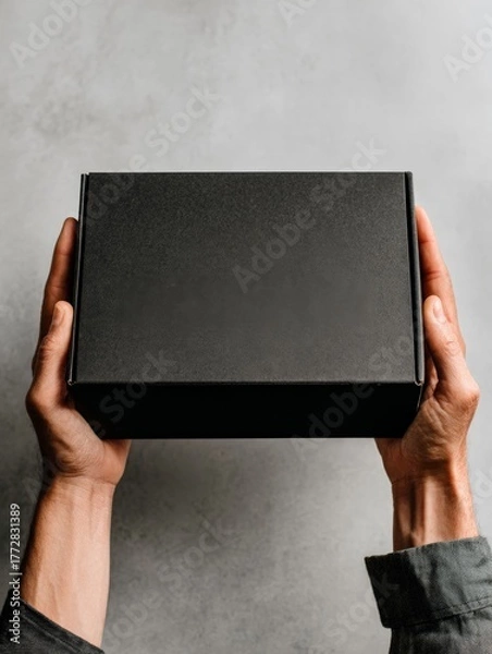 Fototapeta Product Presentation: A person holds a sleek black box, symbolizing delivery or gift. The presentation emphasizes simplicity, perfect for highlighting packaging or a surprise element.