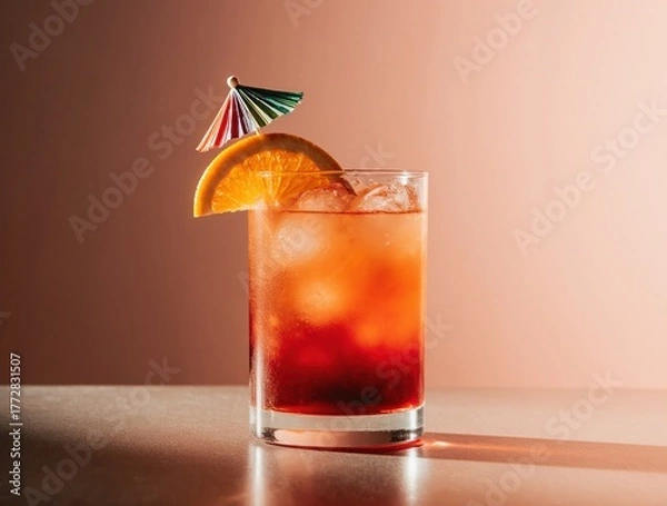 Fototapeta Refreshing orange and red layered cocktail with orange slice and umbrella