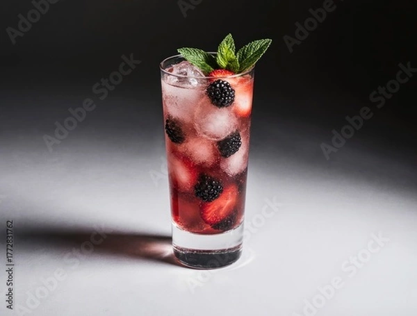 Fototapeta Refreshing berry and mint infused drink with ice