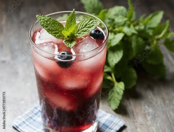 Fototapeta Refreshing blueberry mint cocktail with ice and garnish