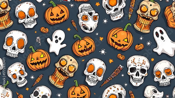 Fototapeta Festive halloween pattern background with carved pumpkins, skulls and spooky ghosts