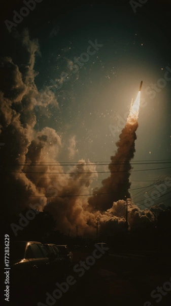 Obraz Rocket Launch With Powerful Trail of Smoke and Fire Under Clear Sky
