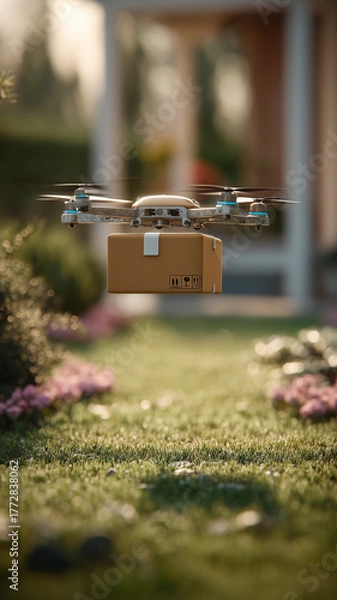 Obraz Delivery Drone Flying with Parcel in Suburban Residential Neighborhood
