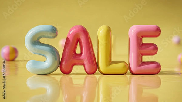 Obraz Colorful Balloon Letters Spelling SALE on Yellow Background for Promotion and Retail Marketing
