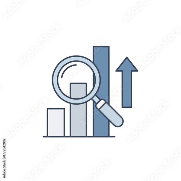 Obraz Financial data analysis and market research icon with a bar chart, magnifier, and growth arrow, symbolizing performance upscaling and strategic success