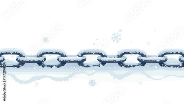 Obraz Close-up of snow-covered anchor chain with frost crystals and snowflakes on reflective surface, winter symbolism concept