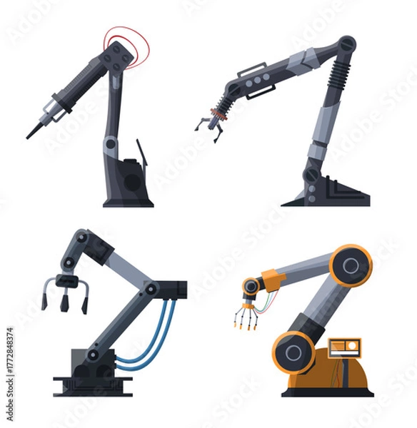 Fototapeta Vector illustration of four industrial robotic arms with different designs and mechanical grips. Modern automation technology concept for factories, engineering, and industry.