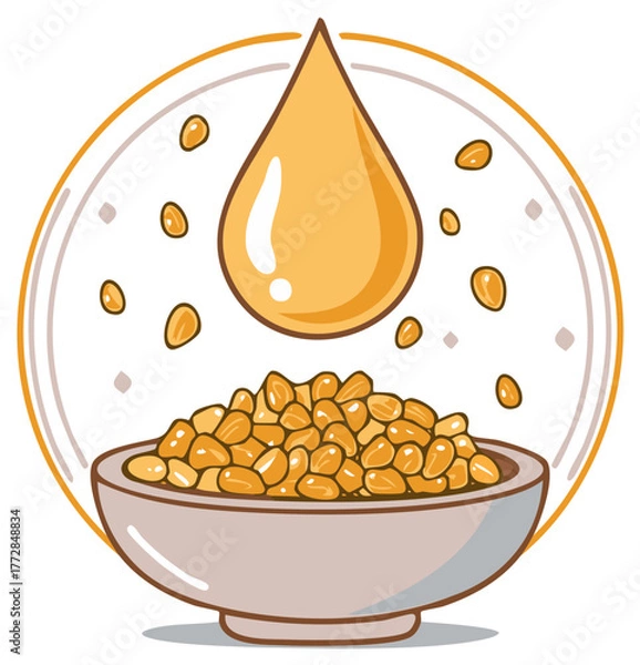 Obraz Oil drop falling on kernels of grains in a bowl inside orange circle illustration