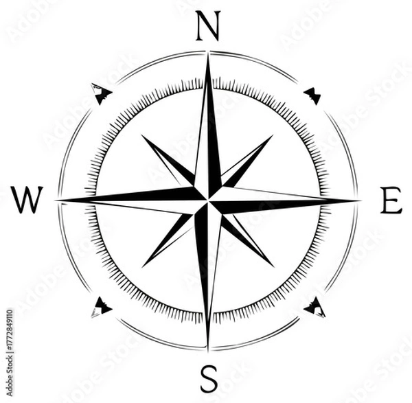 Obraz Minimalist black and white compass rose icon showing cardinal directions for navigation and travel