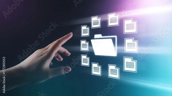 Fototapeta Hand Interacting with Digital Folder and Document Icons data files