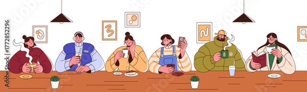 Fototapeta People drink coffee at the table in coffeehouse. Happy men and women with cups of tea and hot beverages sit at the bar counter in coffeeshop. Flat isolated vector illustration on white background.