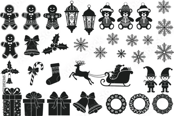 Fototapeta Christmas, Icon, Set, Silhouette, Gingerbread, Elf, Snowflake, Gift, Ornament, Bear, Bell, Vector, Cad, Drawing, Design, Illustration, Black, White, Festive, Holiday