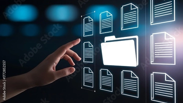 Fototapeta Hand interacting with digital documents and folder interface on dark background touching