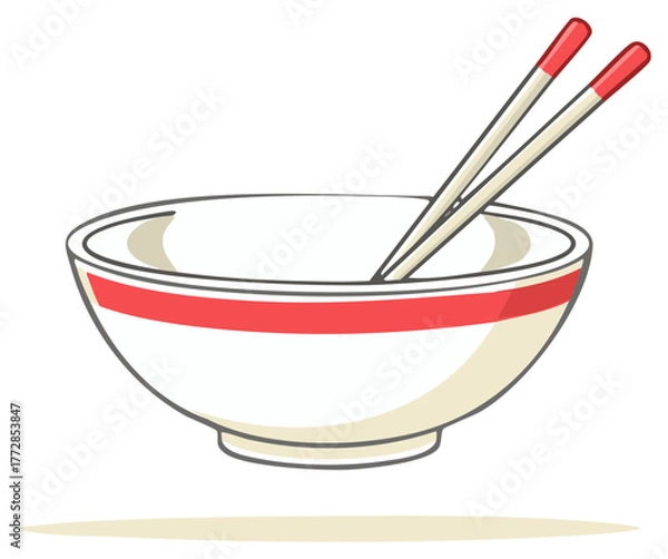 Obraz Cartoon illustration of empty white bowl with red band and chopsticks ready for food.