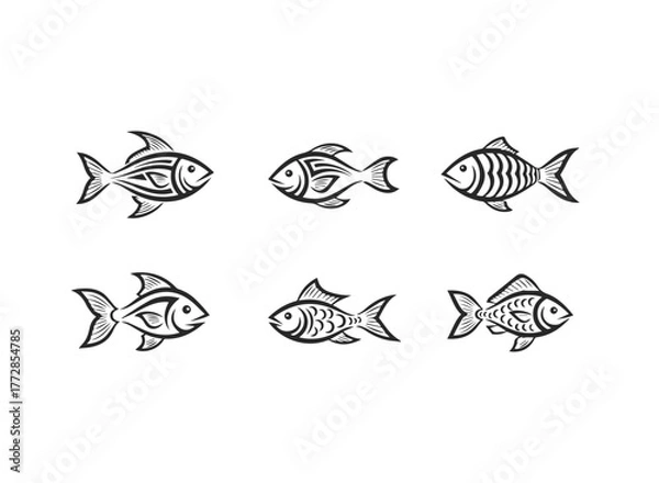 Obraz Stylized Fish Vector Icons Set for Marine Life Design