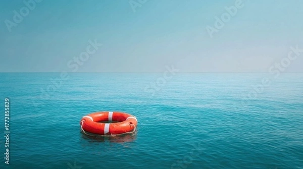 Fototapeta Orange life buoy floating in the middle of the ocean on a clear day