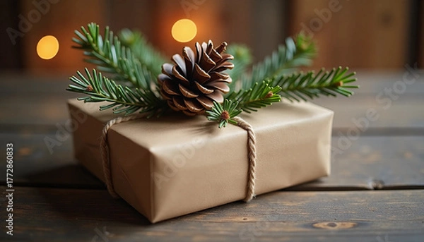 Fototapeta Christmas gift box decorated with pine cone and evergreen branches on wooden table