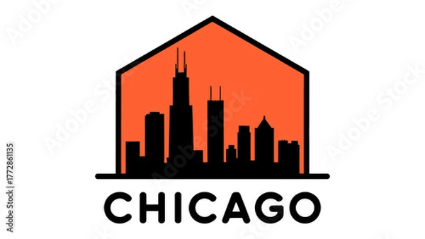 Fototapeta Chicago Skyline Icon: A striking graphic of the Chicago skyline, encapsulated within an orange house icon, symbolizes the city's architectural prowess and urban landscape.