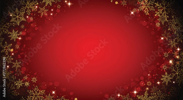 Fototapeta A vibrant red Christmas background with gold snowflakes and sparkles on a black and white border