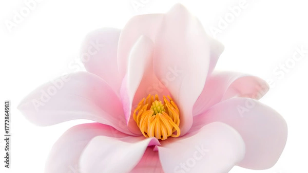 Fototapeta Close-up of a Delicate Pink Magnolia Bloom with Soft Petals and a Vibrant Yellow Center on a Transparent Background Perfect for Design and Composition as a Transparent Image