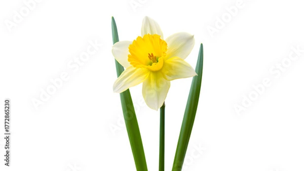 Fototapeta A single bright yellow daffodil in full bloom with prominent green leaves, meticulously isolated on a transparent background, ideal for various graphic design and artistic applications