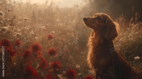 Obraz A dachshund sits in a field of wildflowers bathed in morning light.