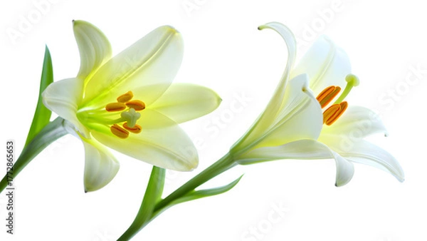 Fototapeta Two elegant white lilies on a transparent background, showcasing their delicate petals, prominent stamens, and vibrant green stems, ideal for design projects requiring a transparent image of flowers.