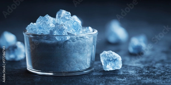 Obraz Transparent Crystals in Open Glass Container, Clean Scientific Composition