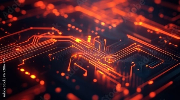 Fototapeta Futuristic Circuit Board with Glowing Orange Traces and Data Flow