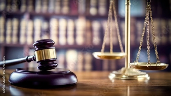 Fototapeta Symbol of Justice: Gavel and Scales of Justice in a Legal Setting