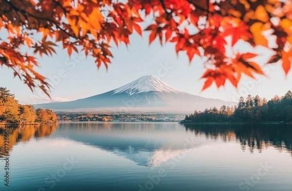 Fototapeta Majestic Mount Fuji Reflected in Lake Kawaguchiko During Autumn Season
