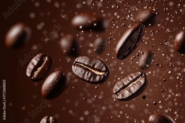 Fototapeta Delicious Coffee Beans Falling into Chocolatey Background in a Seamless Pattern