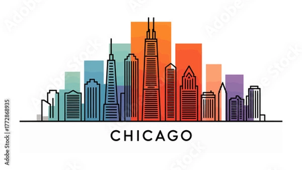 Fototapeta Chicago Skyline: A stylized illustration of the Chicago skyline, featuring its iconic skyscrapers, showcasing the city's unique architectural landscape and urban design.