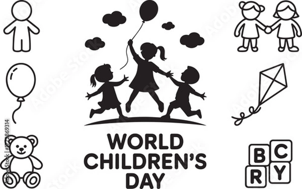 Fototapeta World Children's Day design with playing kids and various child related icons
