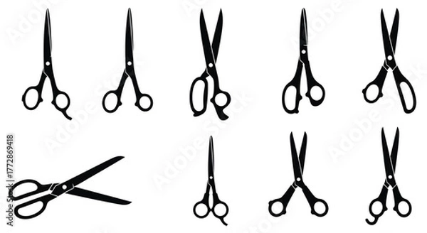 Fototapeta Collection of black scissor silhouettes, featuring various shapes and styles for cutting and crafting