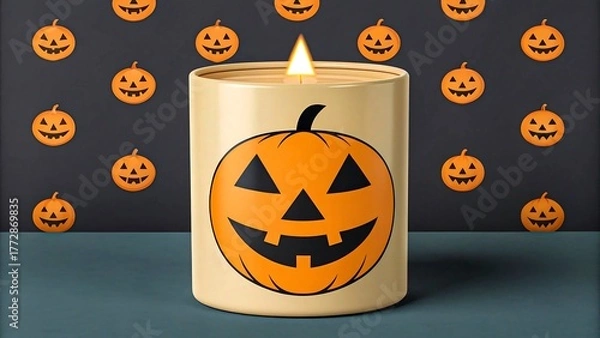 Obraz Halloween pumpkin candle with jack o lantern face on orange background
