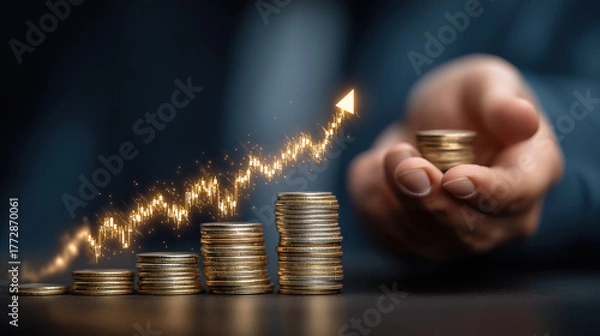 Obraz Businessman holding coins and stock chart with rising arrows showing investment growth