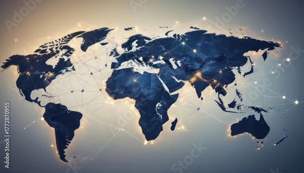 Fototapeta Global Network Connectivity: Interconnected World Map with Glowing Nodes