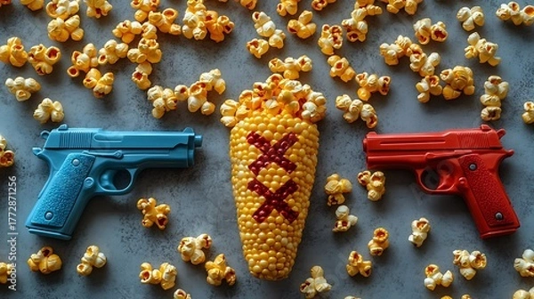 Obraz Corn with popcorn and toy firearms in red and blue on a textured gray surface