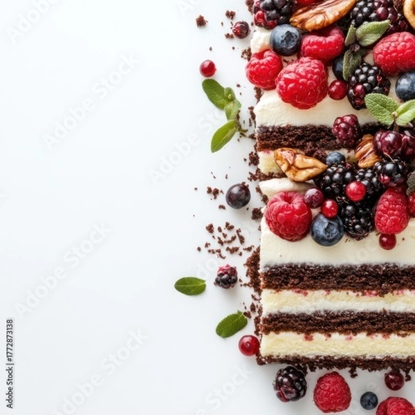 Fototapeta Delicious Layered Berry Cake with Cream Cheese Frosting on White Background