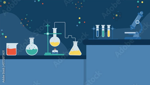 Fototapeta Modern science background featuring microscope flasks test tubes and chemical reactions on blue laboratory table perfect for education research and chemistry design projects