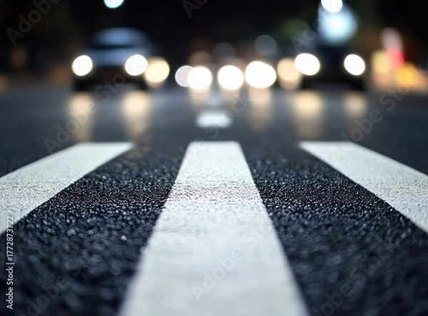 Fototapeta Night Cityscape: Illuminated Cars Approaching a Zebra Crossing on Wet Asphalt