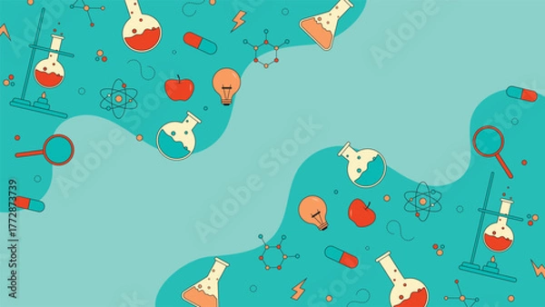 Fototapeta Creative science background featuring colorful chemistry icons like flasks atoms bulbs and pills on teal backdrop ideal for education medical and laboratory themed projects