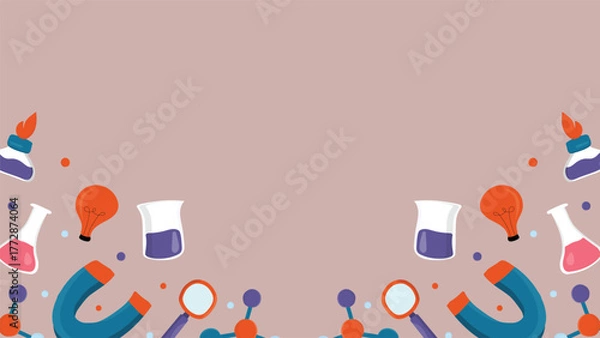 Fototapeta Creative science background showing colorful magnets flasks light bulbs and molecules on brown backdrop ideal for education laboratory or research themed graphic projects