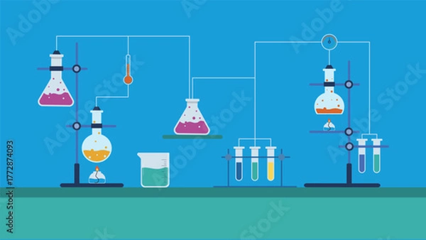 Fototapeta Modern science lab background featuring colorful flasks test tubes and chemical experiments on blue table perfect for education research chemistry and laboratory themed projects