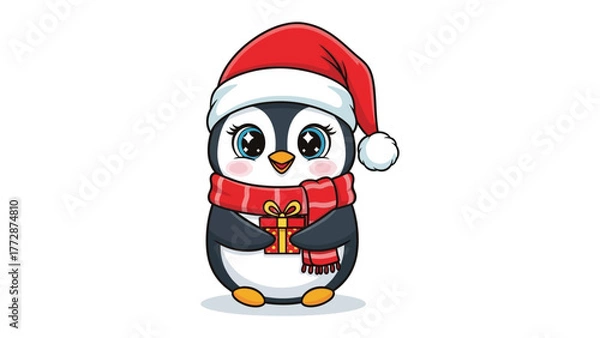 Fototapeta Festive Penguin: An adorable penguin, clad in a Santa hat and a cozy scarf, clutches a neatly wrapped gift, embodying the spirit of celebration and cheer. 