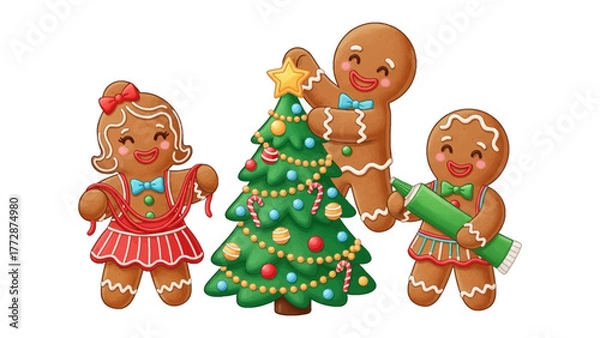 Fototapeta Gingerbread Joy: Festive gingerbread figures gather around a decorated Christmas tree, evoking warmth and holiday cheer, setting a joyful scene with playful colors and delightful details.