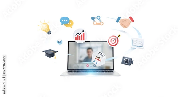 Fototapeta Laptop with floating education icons — perfect for e-learning, online courses, or digital training concepts